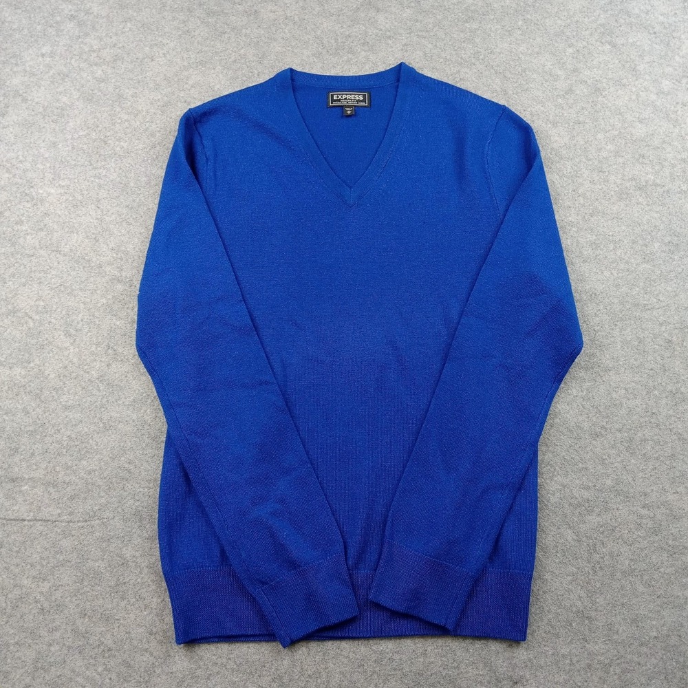 Express Sweater Mens XS Blue Extra Fine Merino‎ Wool V Neck Modern Fit Pullover